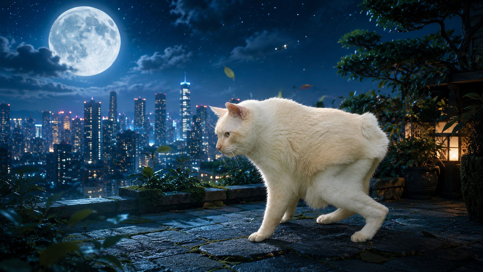 Nenem on a rooftop above a glowing city under a full moon