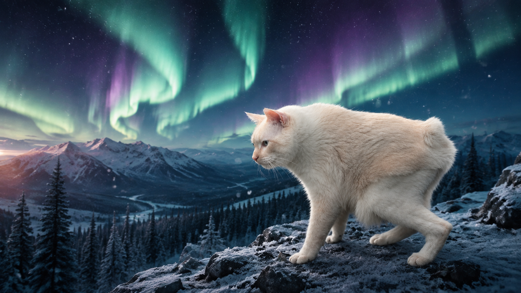 Nenem on a snowy ridge beneath the northern lights